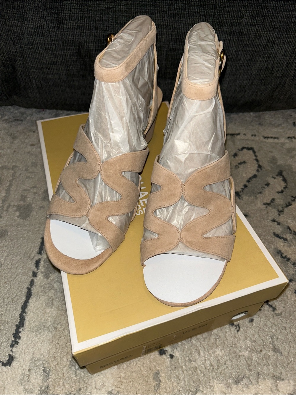 Michael Kors Annalee Mid Beige Suede Cutout Ankle-Strap Heels
